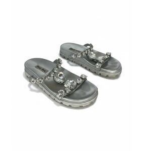 Miu Miu Argento Crystal Embellished Platform Slide Sandals Silver Size‎ 39.5